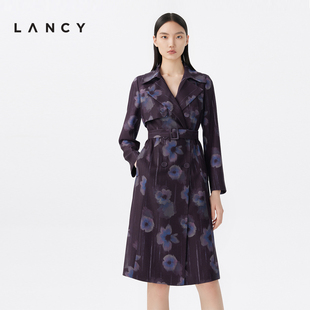 lancy朗姿2023年春季中长款翻领收腰显瘦高端风衣外套女