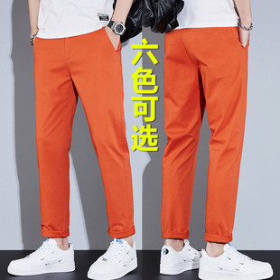 夏季男士休闲裤橙色直筒，弹力橘红色纯棉青年时尚，炫彩色长裤子潮牌