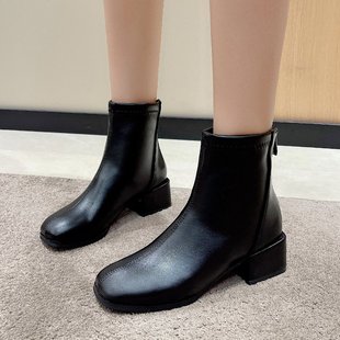 粗跟短靴女2023秋冬切尔西靴，法式小踝靴韩系瘦瘦弹力靴中跟马丁靴