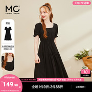mc2黑色连衣裙女夏款方领钉珠收腰气质泡泡袖法式高级小黑裙