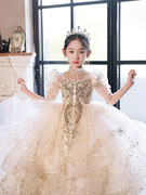 儿童婚纱礼服蓬蓬裙长袖香槟色公主裙长款钢琴演出女童主持人服装