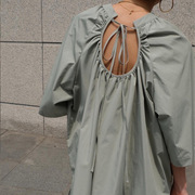 macha衬衫女欧美风纯棉简约设计感小众露背抽褶系带上衣