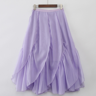 不规则甜美网纱裙女 高腰紫色A字长款高腰显瘦气质大摆蓬蓬半身裙