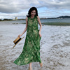 波西米亚沙滩连衣裙女夏海边度假绿色，碎花无袖长裙气质慵懒感裙子