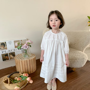女童蕾丝边白色连衣裙春装儿童韩版洋气薄款中袖公主裙子长裙