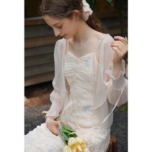 mqueen法式珍珠链吊带裙名媛，连衣裙雪纺开衫仙女，套装两件套秋9073