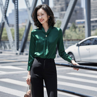 深绿色雪纺长袖衬衫女秋季宽松气质系带打底衬衣洋气韩版上衣