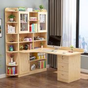 高档实木转角书桌书架组合电脑台式桌书柜一体，家用简约卧室拐角学