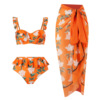 外贸分体泳衣带钢托胸垫bikini甜美性感花边橘色裹裙比基尼三件套