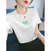 纯棉白色短袖T恤女夏装2023年休闲宽松绣花韩系chic圆领上衣