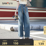 三福牛仔裤2024年春秋季设计感破骨高腰阔腿裤直筒长裤子女装