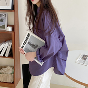 紫色衬衫上衣女，设计感2023年韩版通勤茧型褶皱下摆纯色长袖