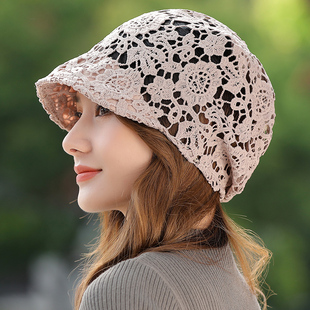 蕾丝遮白发帽子春夏季女士，薄款头巾帽2024透气钩花洋气堆堆帽