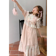 蛋包饭餐厅碧桃煎茶复古设计感粉色连衣裙夏季女新中式裙子