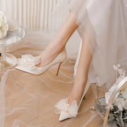 婚鞋女2022年夏季白色高跟鞋蝴蝶结法式小众不累脚新娘伴娘鞋