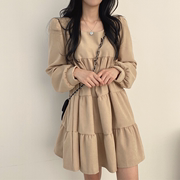 韩国chic春季法式复古少女甜美减龄气质方领灯笼袖宽松娃娃连衣裙