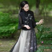 中式套装竹林水墨印花改良元素立领淑女上衣中国风两件套汉服女装