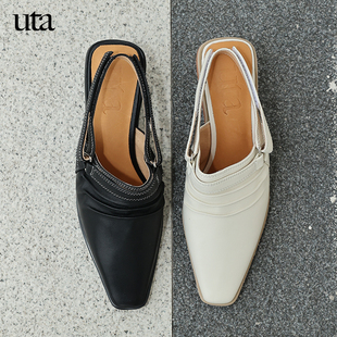 uta 穆勒鞋两穿包脚趾魔术贴可拆尖头舒适中跟手工夏休闲女单鞋