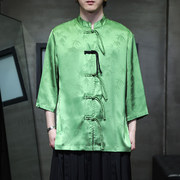 中国风男装夏季新中式盘扣衬衫，冰丝古风汉服，t恤男士唐装短袖上衣