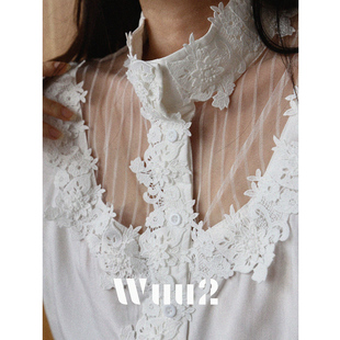 wuu2重工花朵刺绣蕾丝拼接网纱白衬衫女小众设计感长袖叠穿上衣