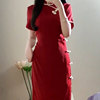 新中式年轻款红色高级感薄款夏季气质弹力，性感包臀裙子盘扣连衣裙