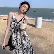 新中式国风水墨画v领吊带连衣裙女夏季海边度假背心裙沙滩长裙子
