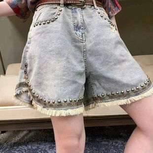 高腰收腹辣妹热裤牛仔短裤女夏季女装设计感做旧重工网红裤子
