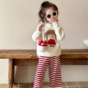 韩系童装2023秋季女宝宝娃娃，毛线衣(毛线衣)条纹，毛线裤两件套女童套装毛衣