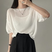 韩国chic夏季简约冰丝薄款短袖针织衫套头圆领五分袖白色T恤罩衫