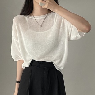 韩国chic夏季简约冰丝薄款短袖，针织衫套头圆领，五分袖白色t恤罩衫