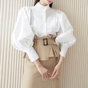 白色立领灯笼袖衬衫女春秋法式高级设计感小众泡泡长袖气质上衣