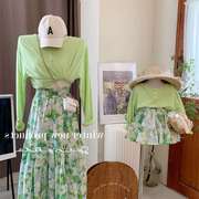 韩国童装亲子装2022夏季长袖，防晒上衣洋气碎花半身裙母女套装