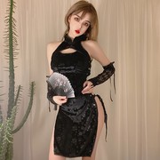 酒吧女歌手gogo演出服舞台装DS摄影服黑色性感镂空绑带旗袍裙