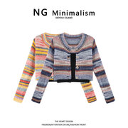 ngminimalism彩虹条纹短款针织开衫，外套+黑色吊带上衣两件套秋冬