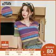 妖精的口袋彩虹条纹短袖t恤女夏季2024年设计感休闲显瘦上衣