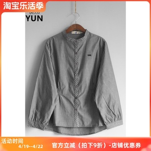 yun韫2024春季立领，单排扣收腰竖条纹，女衬衫韩版长袖上衣3186