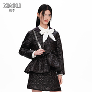 设计师品牌XIAOLI筱李黑色蕾丝图案压花荷叶边连帽绗棉外套