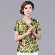 竹语声短袖台湾网纱高端上衣v领t恤女中年，妈妈装夏装洋气小衫