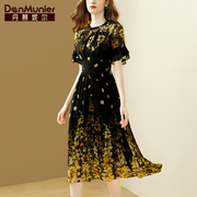 丹慕妮尔法式浪漫印花连衣裙女夏季短袖气质高腰雪纺长裙