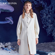 vjcolivia2023秋冬米白羊毛，中长款大衣钉珠娃娃领外套女装