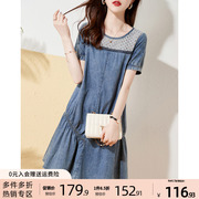 沫晗依美2023夏季韩版娃娃，裙设计感时尚牛仔蕾丝拼接连衣裙女