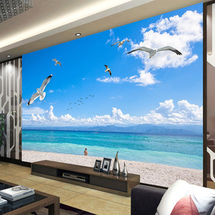 大型壁画客厅卧室玄关墙纸，3壁纸墙纸8电视墙纸背景立体大海沙滩
