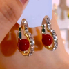 奢华独特红色珠珠爱心耳环洋气潮流满钻设计耳钉小众高级感耳饰女