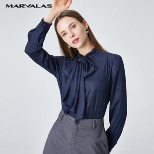 曼德诗雪纺衬衫女2025夏装新款长袖蝴蝶结复古港味百搭高级感上衣