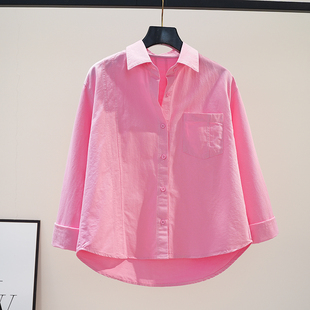 设计感拼接玫粉色，棉衬衫女士长袖，宽松衬衣2024文艺范百搭上衣