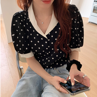韩国chic夏季减龄百搭撞色小翻领设计感小众短袖波点衬衫上衣女