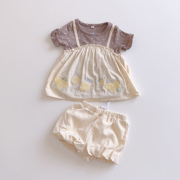 日单童装尾货3-6个月婴儿女宝夏季短袖短裤2件套装刺绣可爱