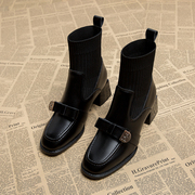2023秋冬松紧口马丁靴女今年流行的法式高跟小踝靴高级感短靴