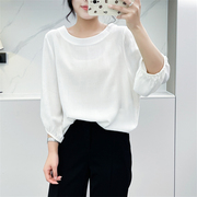 惠衣阁夏季女五分袖衬衫，套头圆领衬衣，韩版宽松通勤衬衣白色上衣