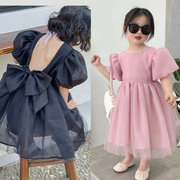 女童公主裙2024韩国版夏季儿童气质黑色礼服泡泡袖大摆连衣裙